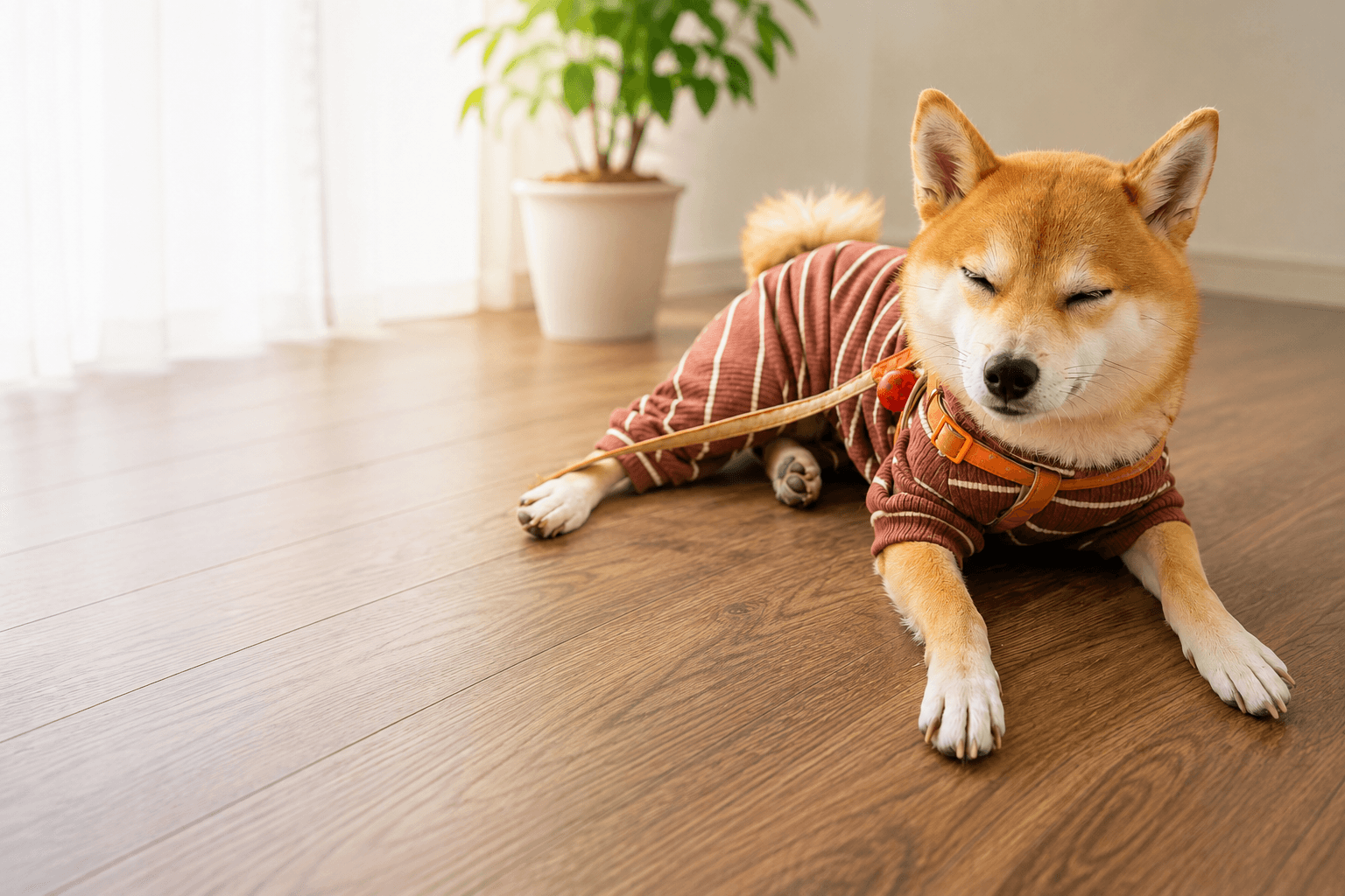 犬または猫と家族が自然に暮らしているリビングの写真